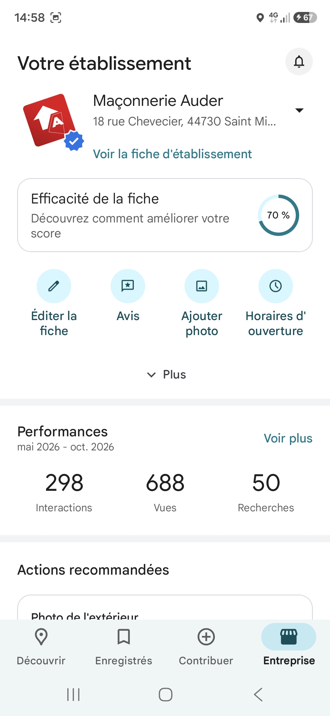 Fiche Google Maçonnerie Auder : 298 interactions, 688 vues et 50 recherches entre mai et octobre 2026.